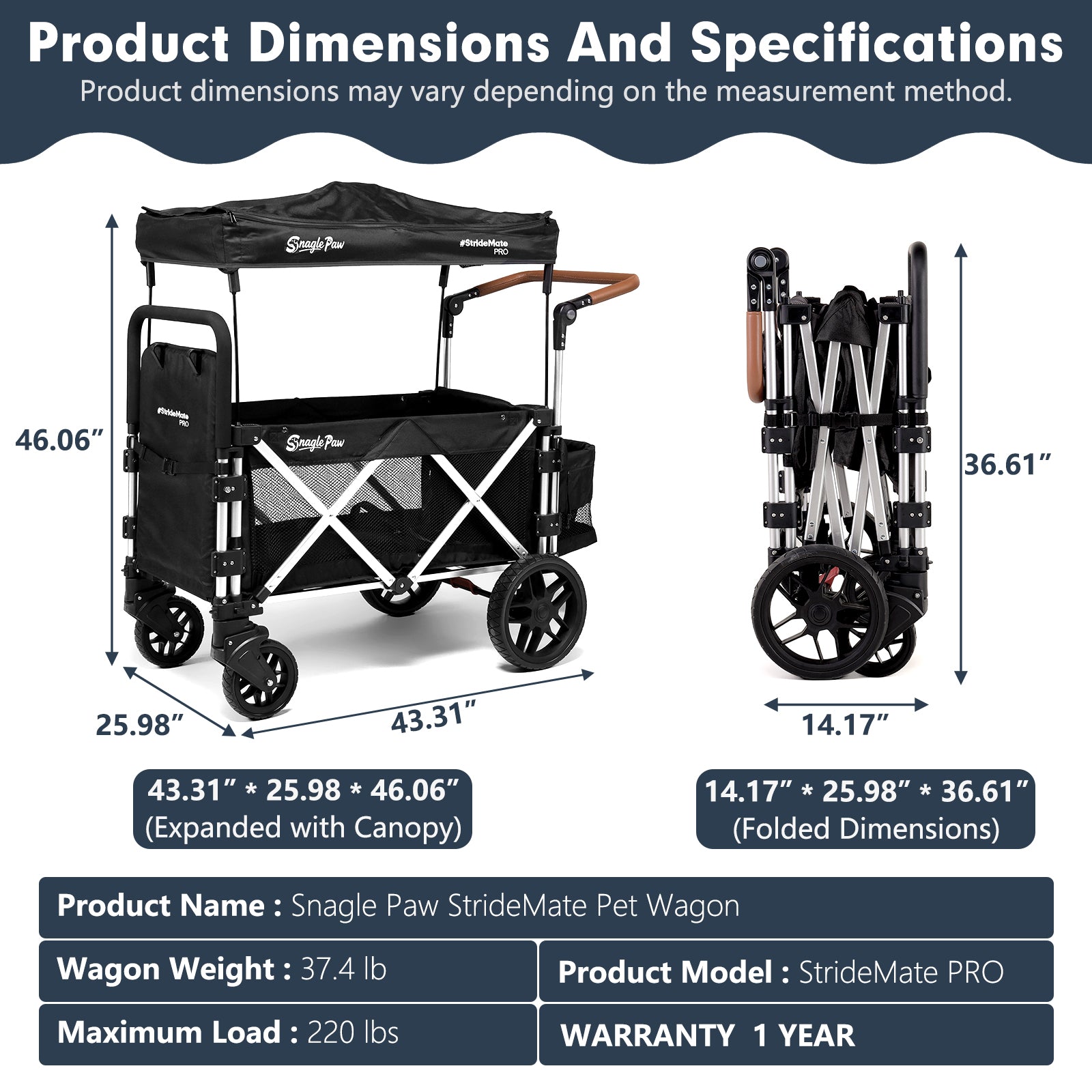 Snagle Paw StrideMate PRO – Best Dog Strollers for Large Dogs with Ramp – Heavy‑Duty 220 lb Capacity Large Dog Stroller Wagon for Senior, Injured & Disabled Pets, Fits 2 Dogs, Outdoor Adventures & Recovery