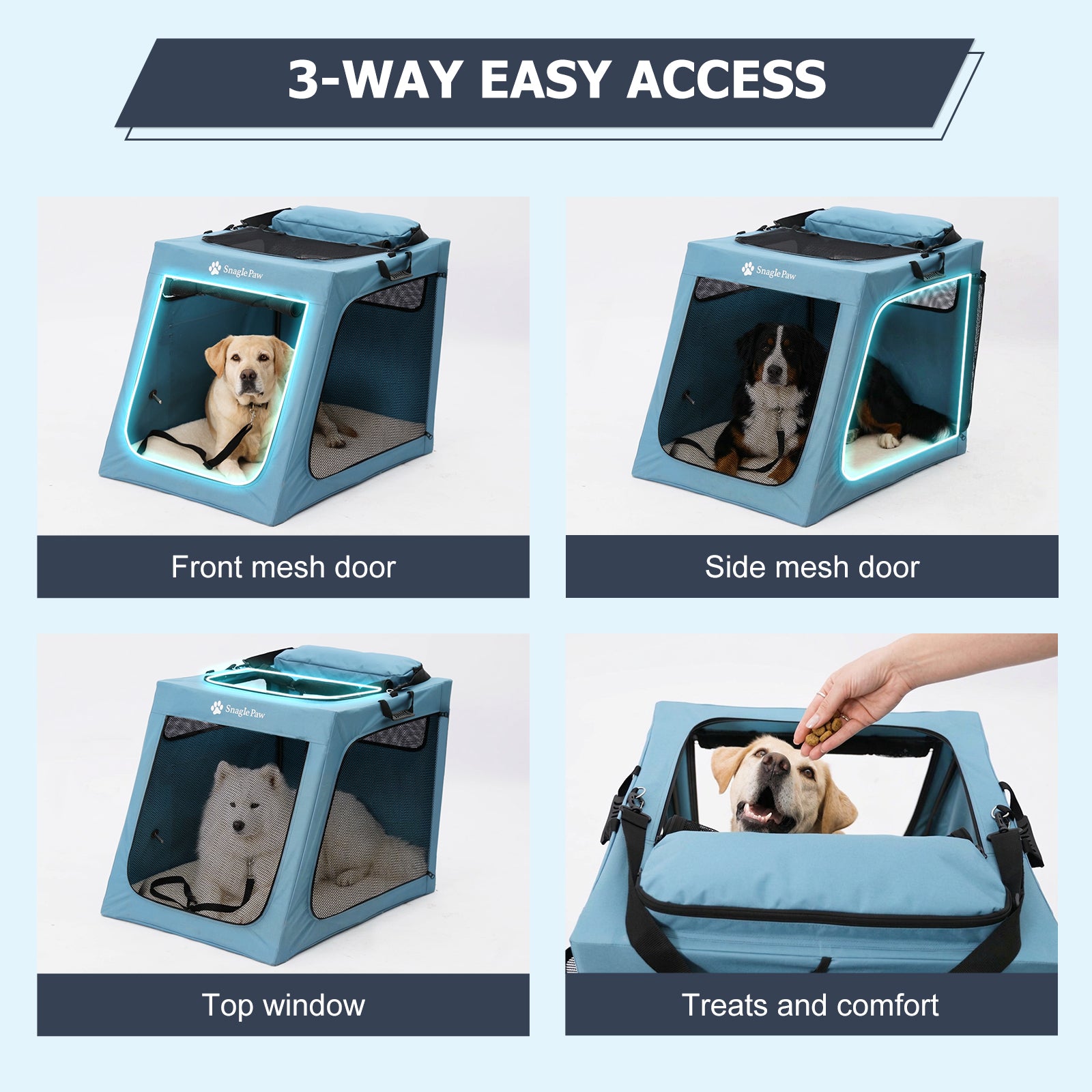 Versatile 3-way access dog crate with front mesh door, side entry, and top window for feeding treats and comfort in the car.