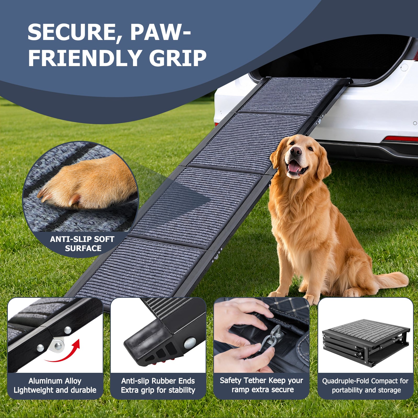 Snagle Paw 71" Extra Long Folding Dog Car Ramp for Cars & SUVs – Heavy-Duty Non-Slip Aluminum Ramp for Large & Senior Dogs