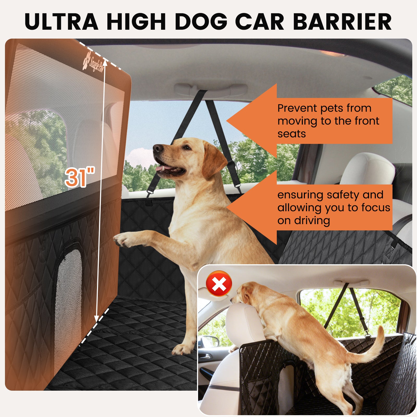 Snagle Paw Dog Car Seat Cover for Back Seat, Patented Ultra-High Detachable Barrier, Hard Bottom, Non-Slip & Water-Resistant