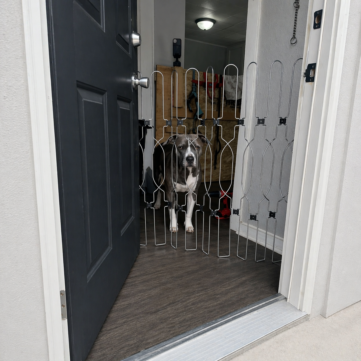 Designed for modern homes, this metal retractable dog gate creates a secure barrier to prevent your dog from rushing out when doors open. Unlike traditional mesh gates, the reinforced steel structure offers improved durability and resistance to scratching or chewing.