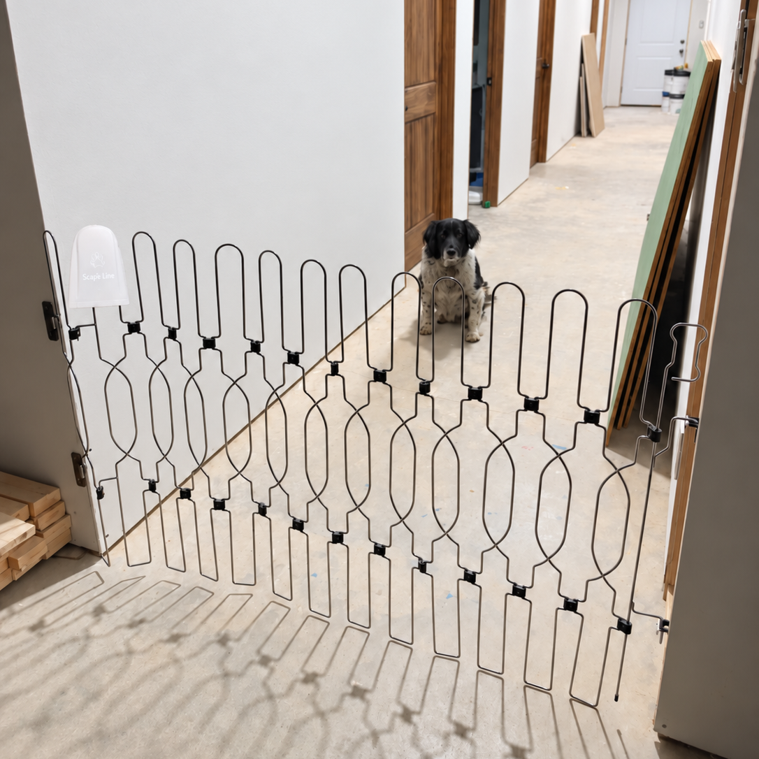 Snagle Paw modular metal dog gate installed across a wide hallway to create an expandable indoor pet barrier.