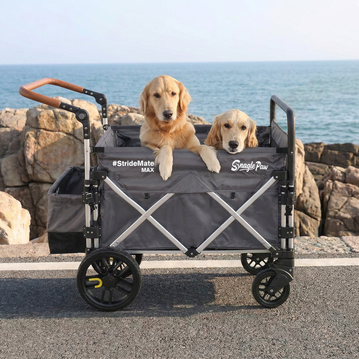 Gray Snagle Paw StrideMate MAX pet wagon carrying two golden retrievers by the seaside.