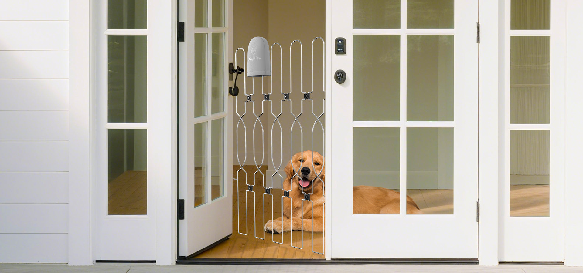 Snagle Paw Metal Retractable Door Barrier shown in mobile view, designed as a durable retractable dog gate for indoor use. The image highlights its metal construction and clean appearance, making it ideal as a dog gate for front door, dog gates indoor, dog gate for stairs, and a safe dog gate with door solution for modern homes.slider_item_A74Bmi