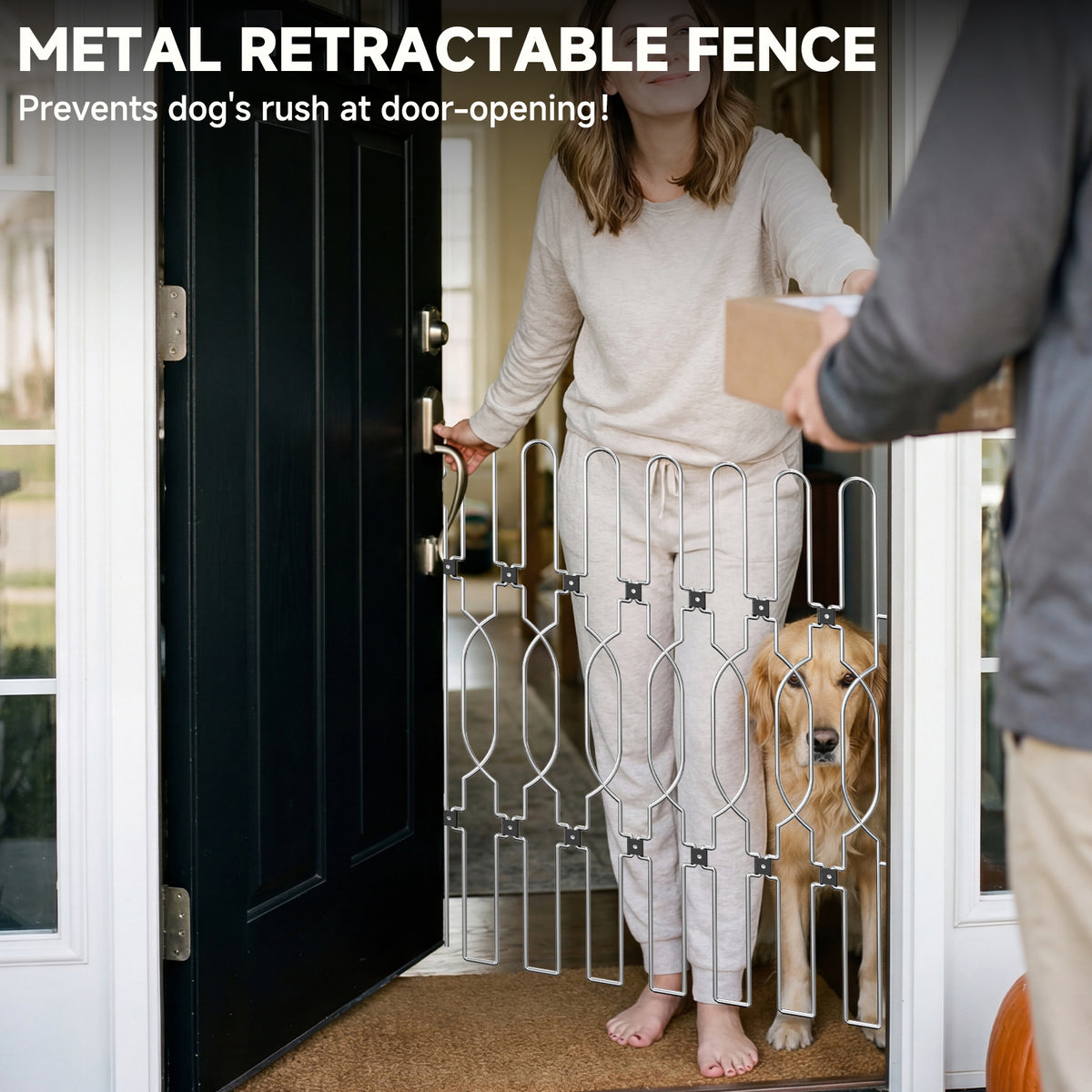 Snagle Paw retractable metal dog gate across an open front doorway, with a golden retriever behind it as a woman receives a package.