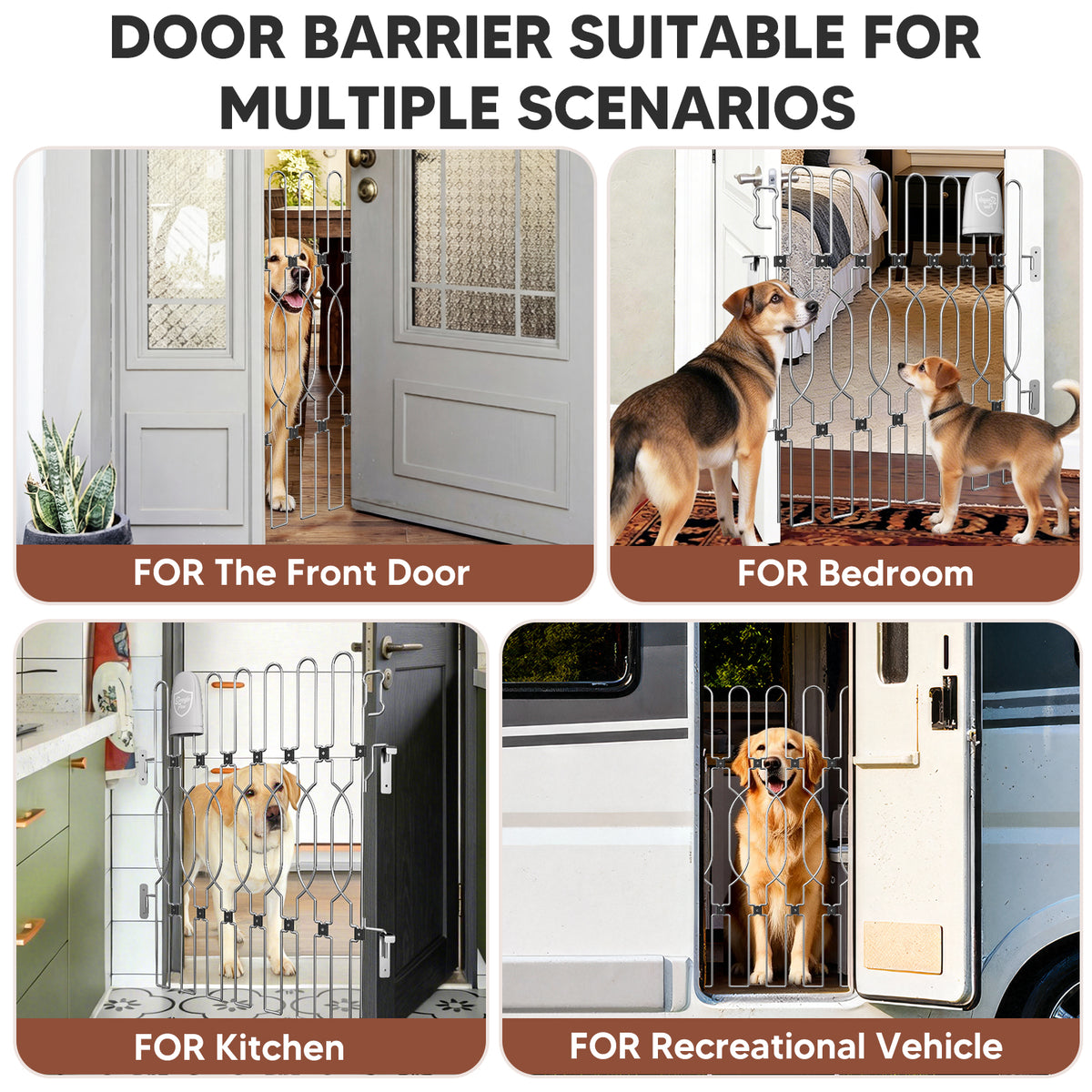 Snagle Paw retractable metal dog gates with dogs at a front door, bedroom doorway, kitchen entrance, and RV door.