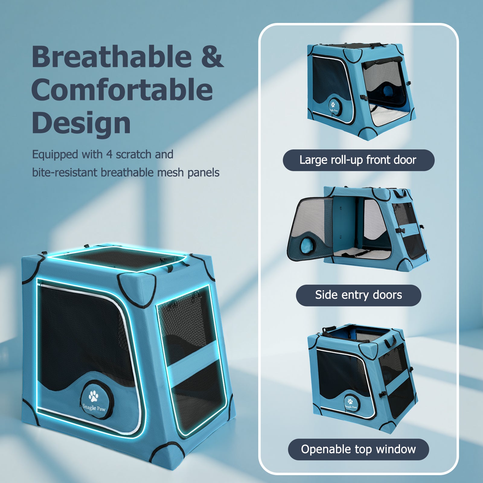 breathable dog car crate with mesh panels, roll-up front door, side entry and openable top window for airflow and comfort