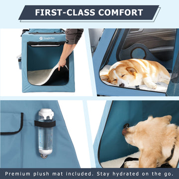 First-class comfort details: premium plush mat and water dispenser holder on the Snagle Paw travel crate for long road trips.