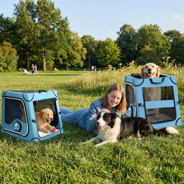 Size M and L dog crate used outdoors in park with dogs, suitable for travel, camping and everyday use