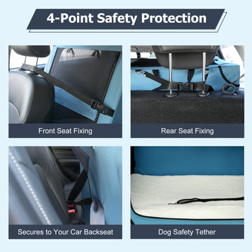 dog car crate for back seat with 4-point safety strap system, front and rear seat fixing and built-in dog safety tether
