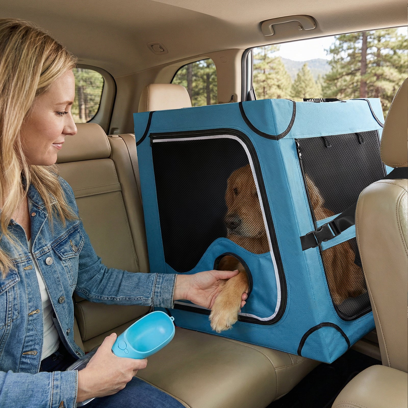 travel dog crate for car back seat with medium to large dog inside, providing safe and comfortable car rides