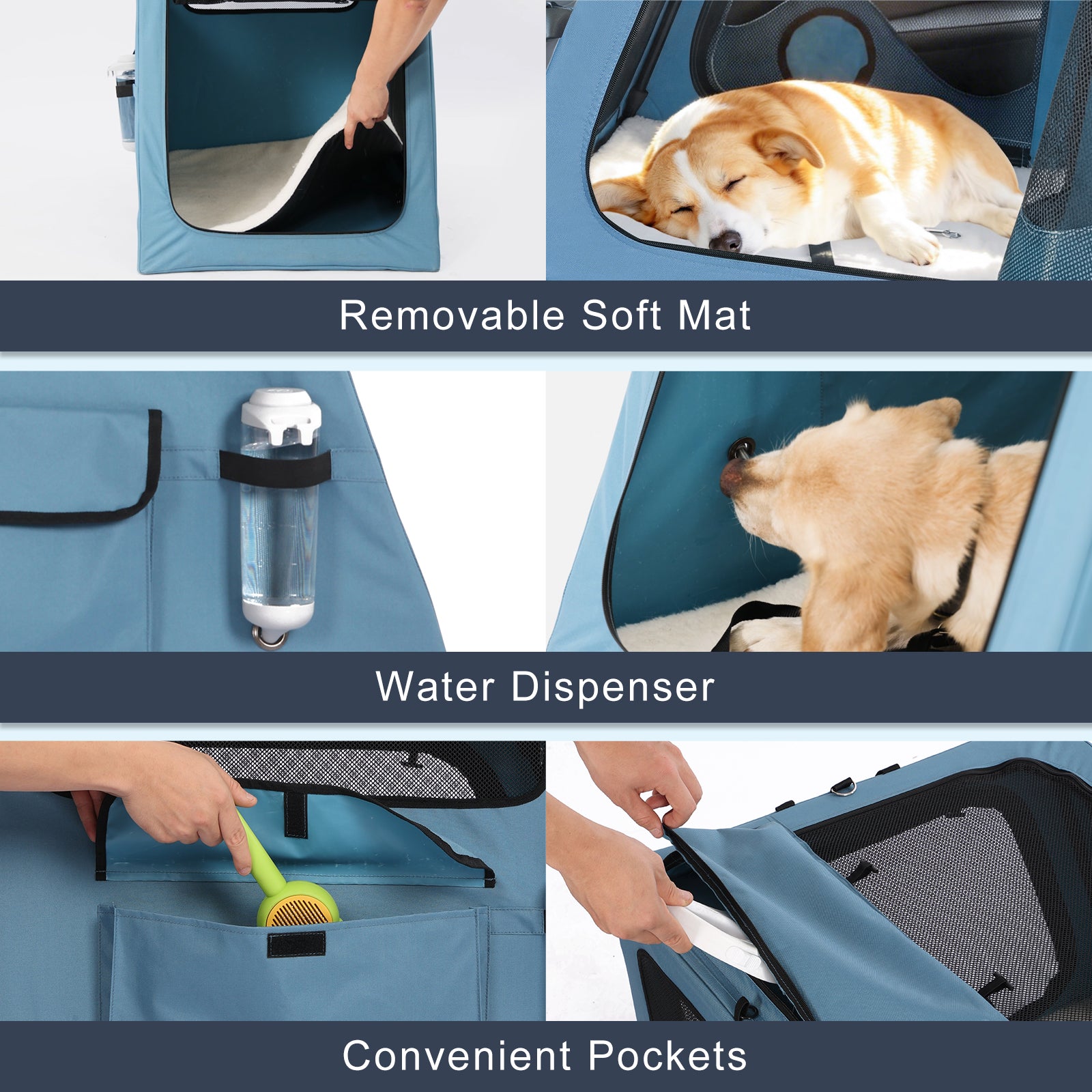 Detailed features of Snagle Paw crate: removable soft mat, water dispenser attachment, and convenient storage pockets.