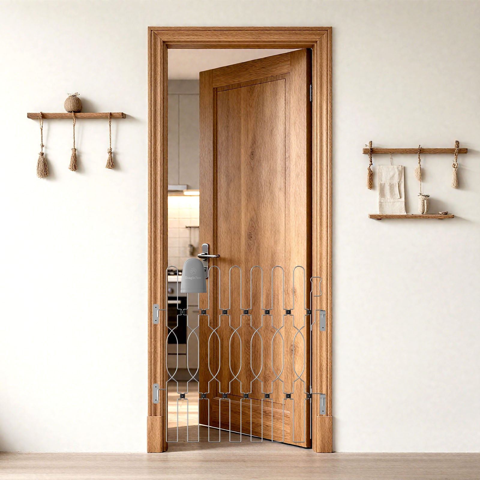 Retractable dog gate fully extended across the kitchen entrance, creating a safe barrier to prevent pets from entering the cooking area.