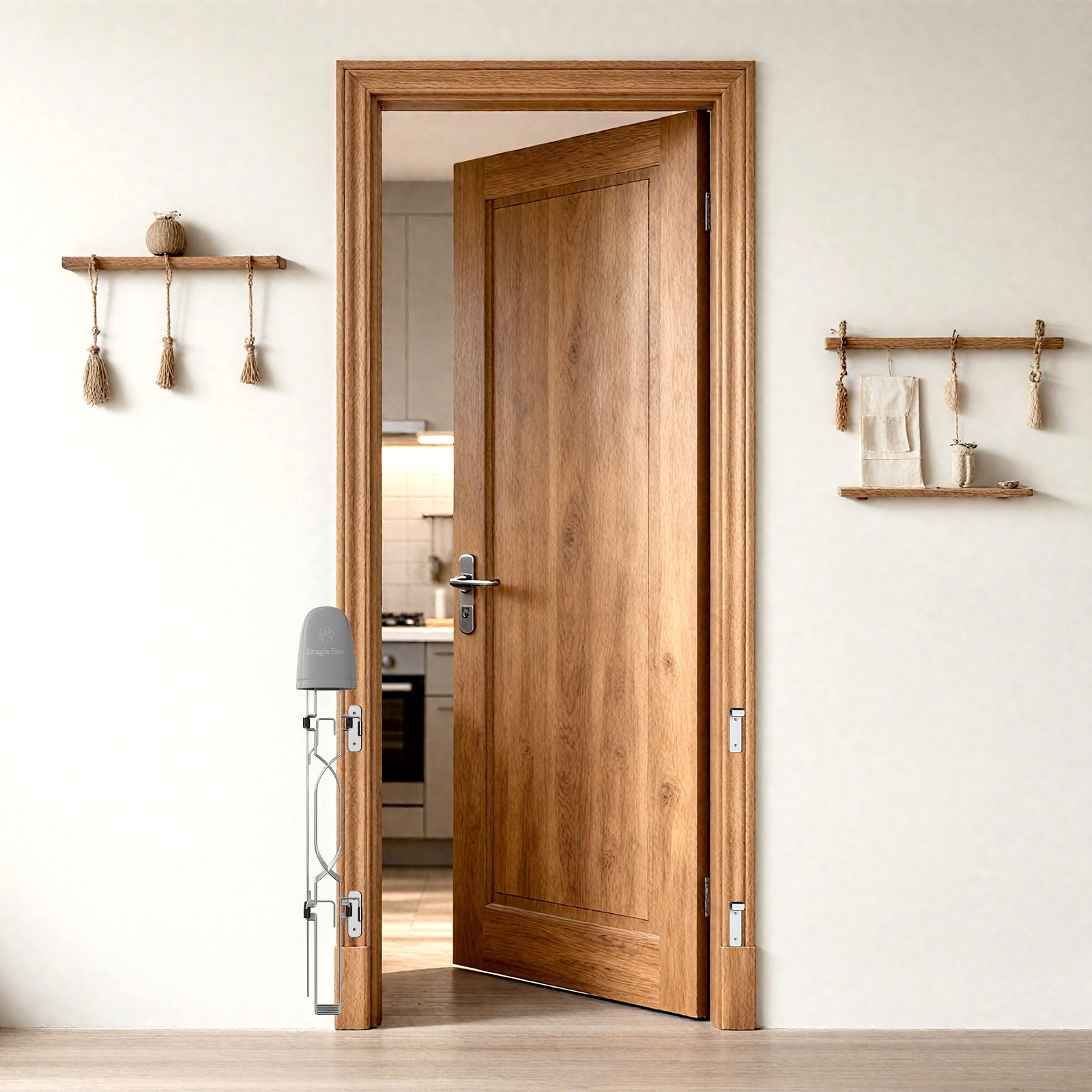 Dog gate for kitchen in a closed and retracted position, keeping the space unobstructed while ready for quick use.