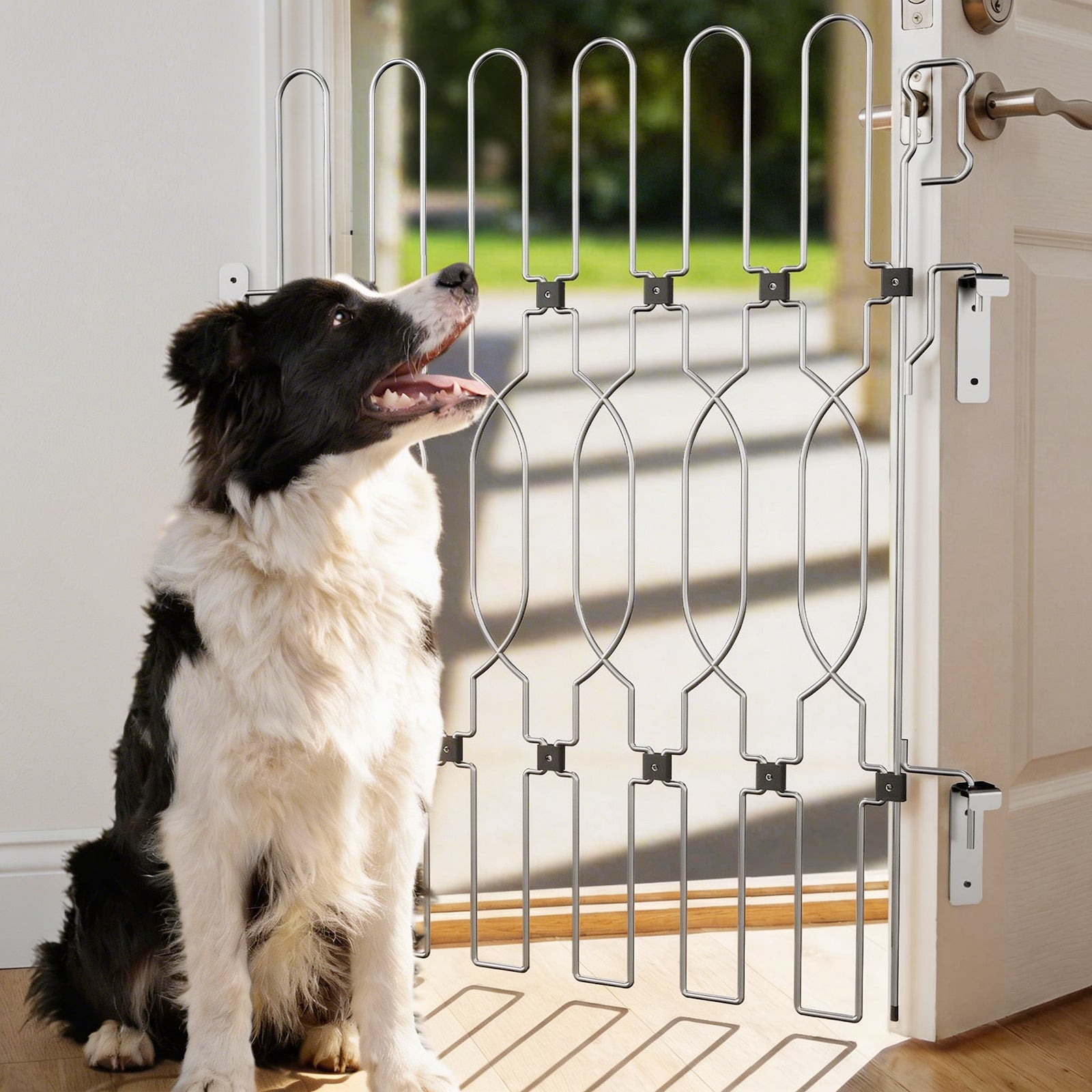 Extra tall metal door gate designed for dogs, offering a secure and adjustable indoor barrier for doorways, stairs, and everyday home safety.