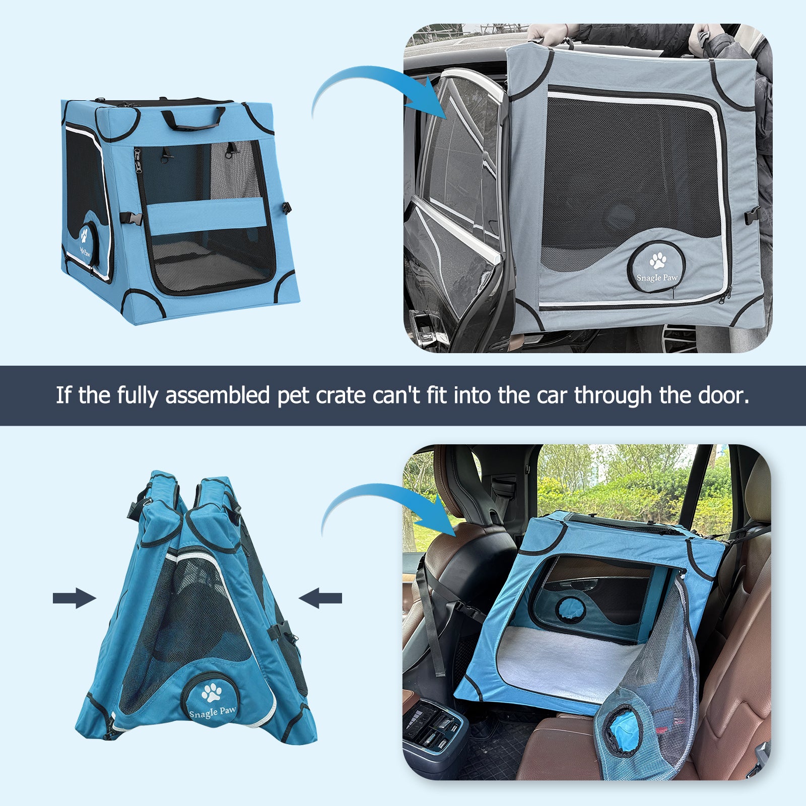 Infographic showing how the Snagle Paw dog crate folds to easily fit through narrow car doors during installation.