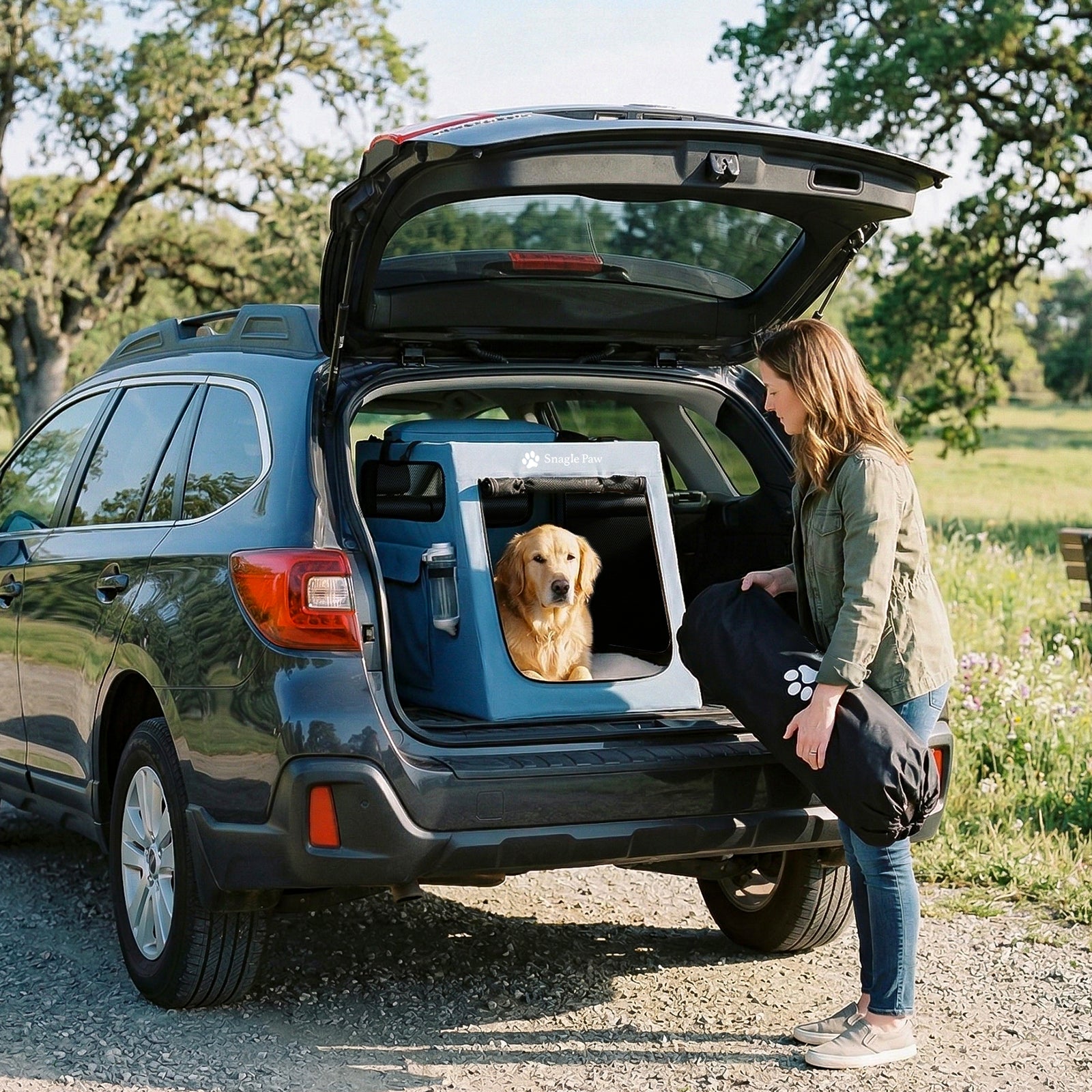 Woman loading a Golden Retriever in the Snagle Paw SUV crate, showcasing its portable design with a storage bag.