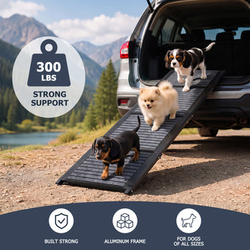 Heavy duty dog ramp with aluminum frame supporting up to 300 lbs for dogs of all sizes