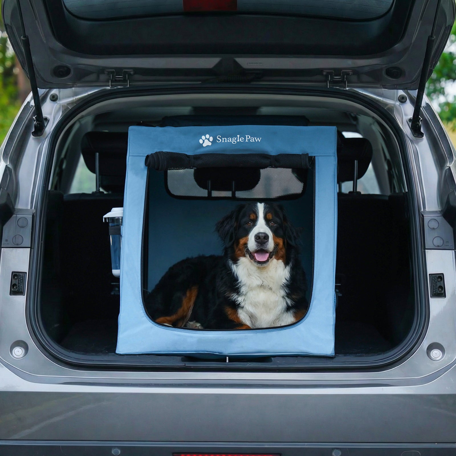 Bernese Mountain Dog resting safely in the Snagle Paw non-collapsible metal frame dog crate in an SUV cargo area.