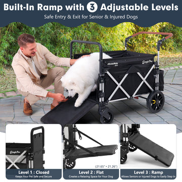 Built-in ramp with 3 adjustable levels on large dog stroller, ensuring safe and easy entry for pets
