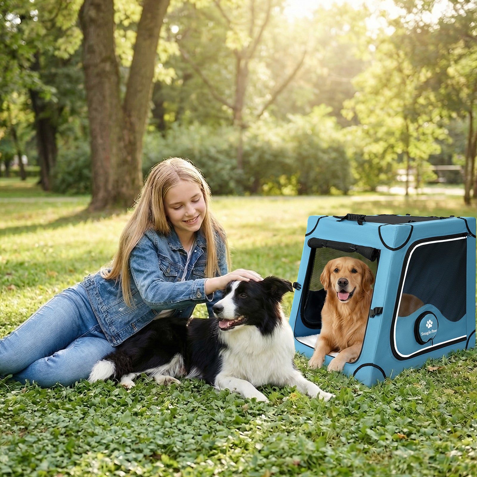 A Golden Retriever comfortably lying in the Snagle Paw travel crate outdoors, showcasing its spacious interior for large dogs.