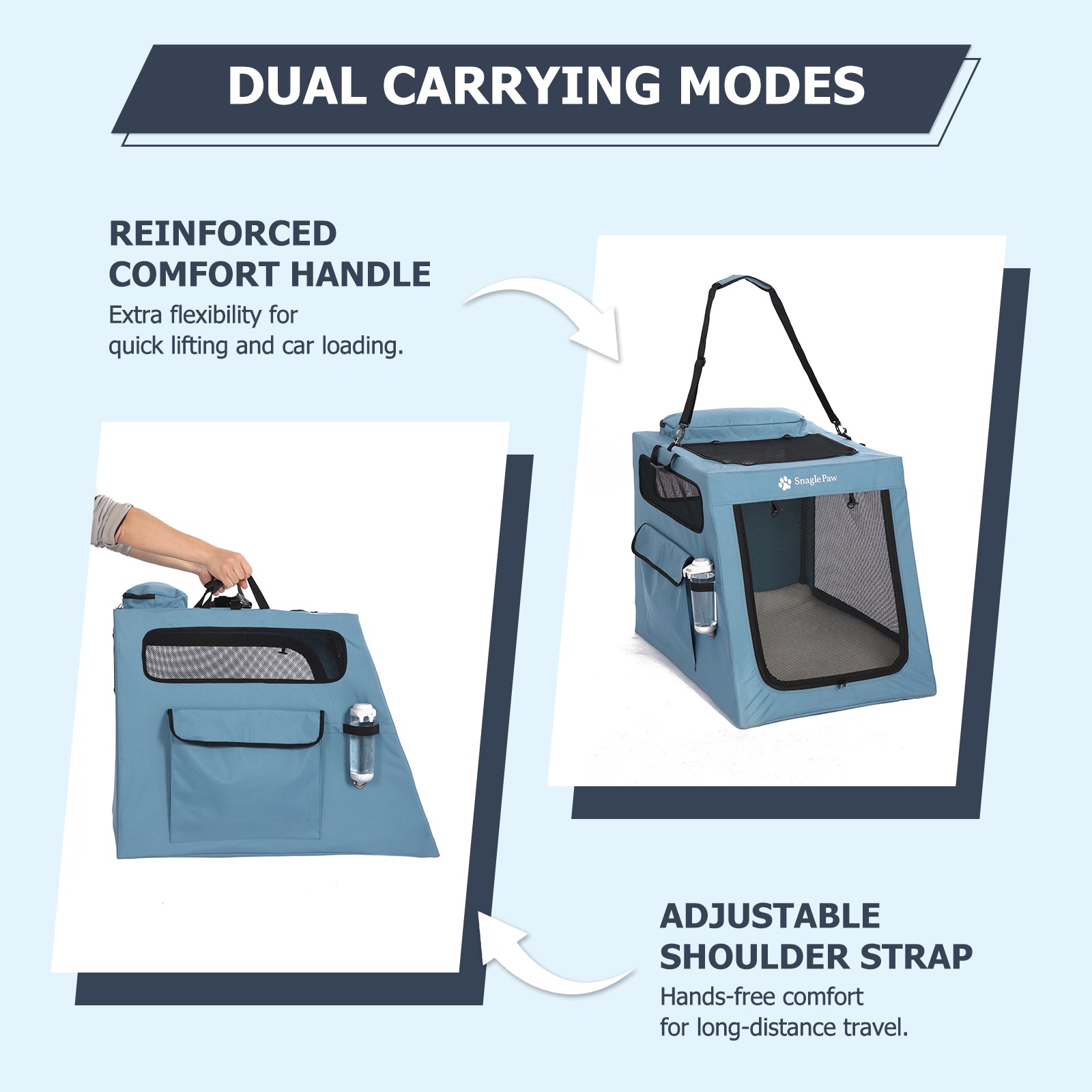 Infographic of Snagle Paw dog crate showing dual carrying modes: reinforced comfort handle and adjustable shoulder strap.