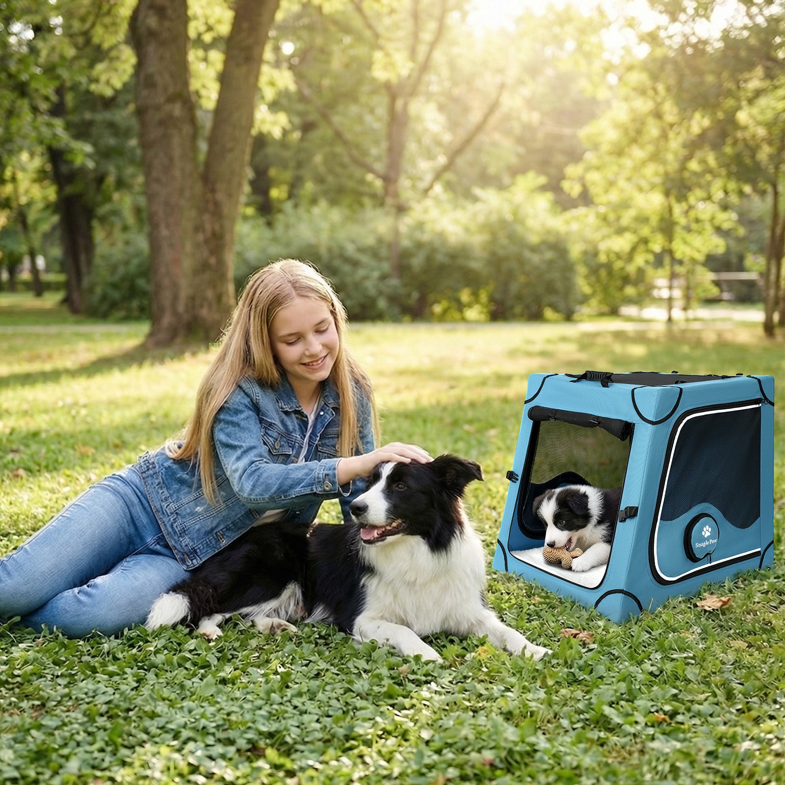 A puppy resting inside the Snagle Paw portable crate during an outdoor family outing at the park with a girl and her dog.