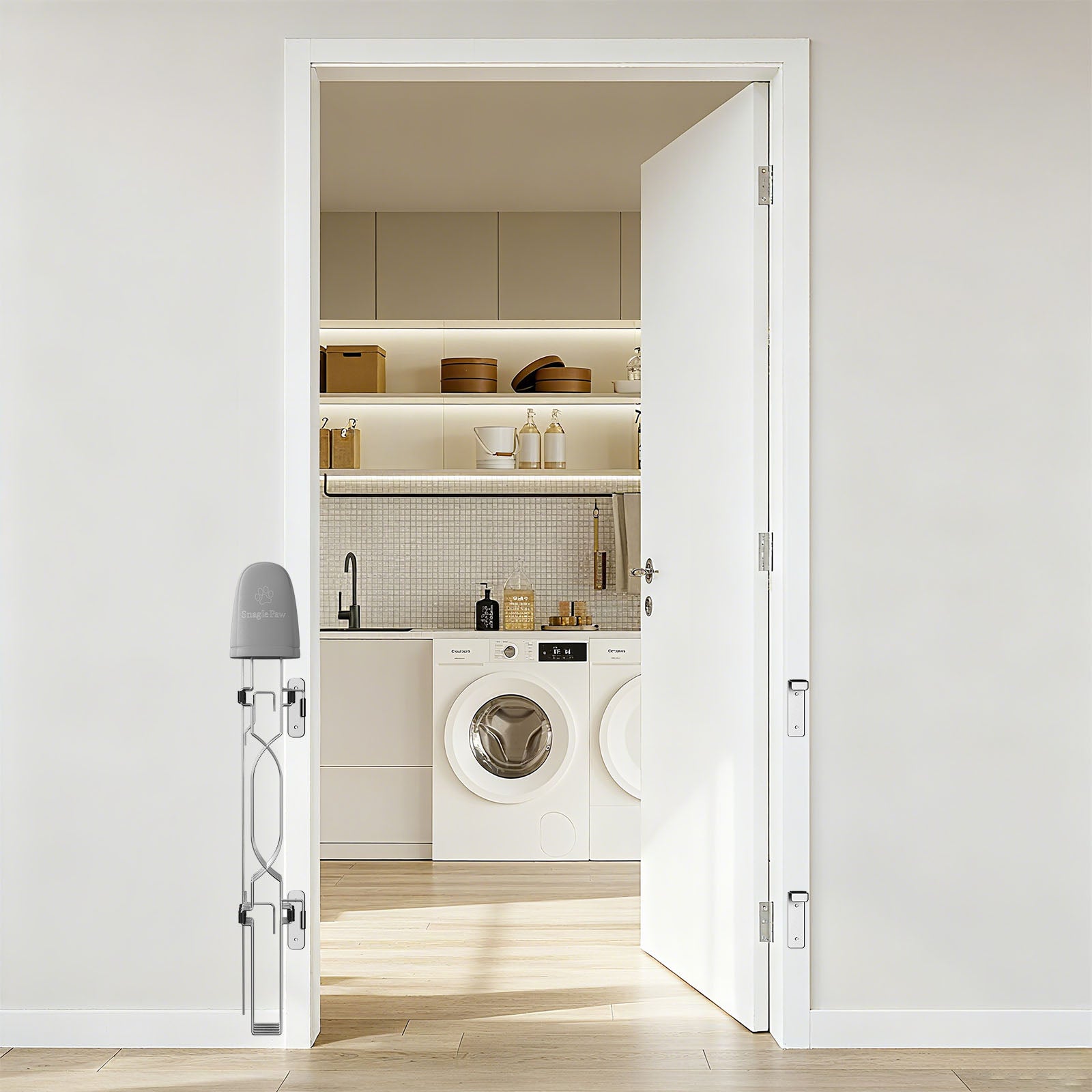 Dog gate for laundry room in a closed and retracted position, keeping the entryway open while providing easy access when needed.