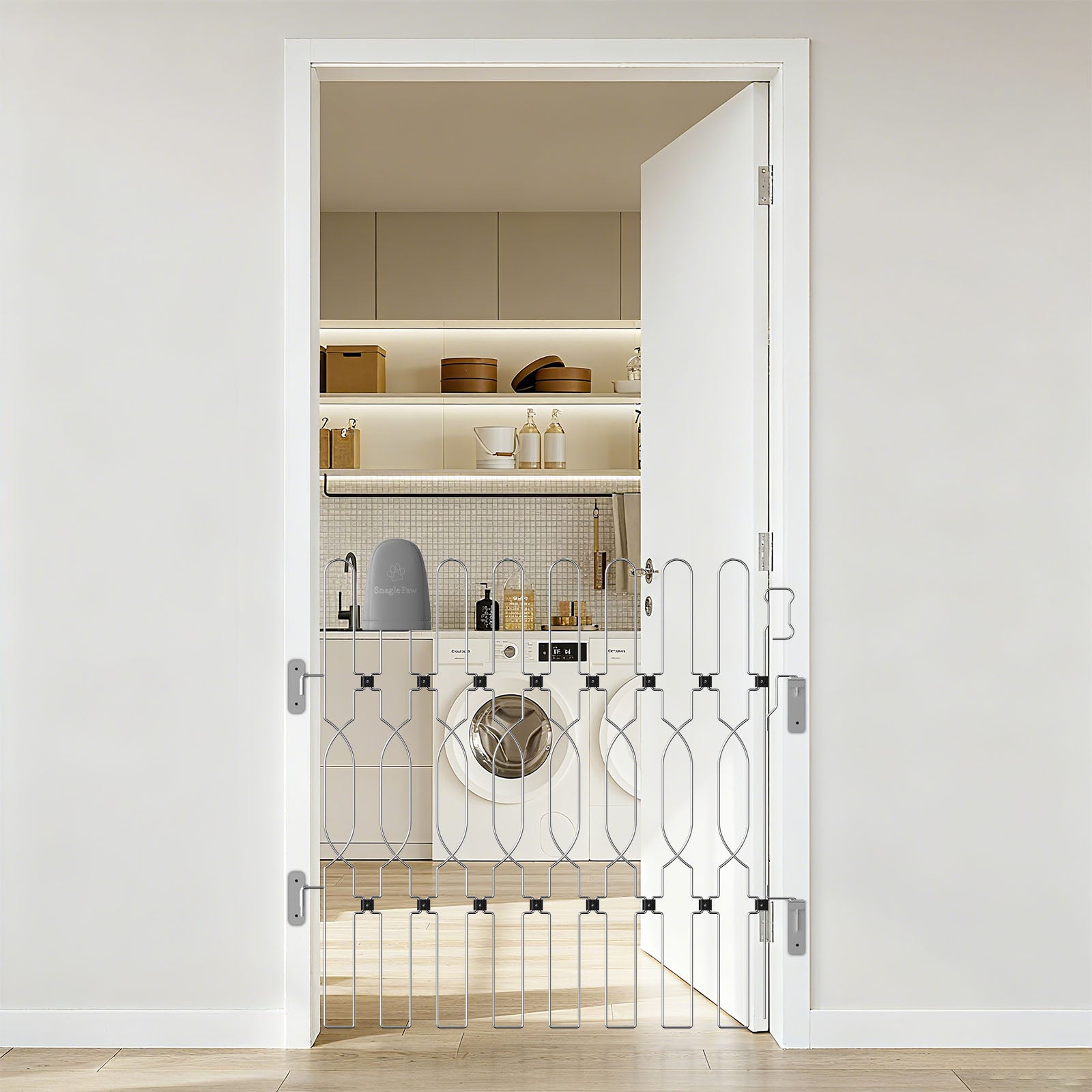 Dog gate for laundry room shown in its fully expanded state, creating a wide protective barrier to keep dogs out of the laundry space.
