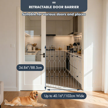 Adjustable retractable dog gate fitting multiple doorways and hallways, providing flexible indoor pet protection and safe containment.