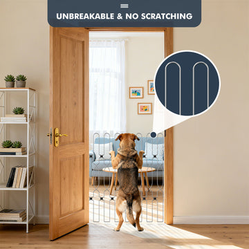 Metal retractable dog gate extended in a doorway, showing durable steel panels that keep pets safely contained.
