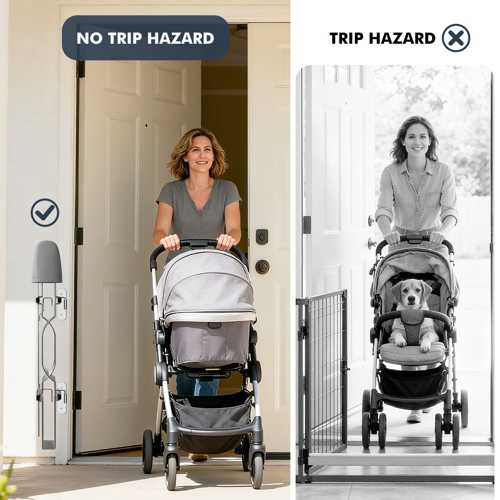 Wall-mounted retractable dog gate with no bottom frame, allowing easy passage while keeping pets safely contained in doorways and hallways.