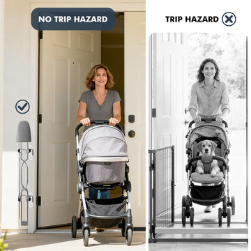 Wall-mounted retractable dog gate with no bottom frame, allowing easy passage while keeping pets safely contained in doorways and hallways.