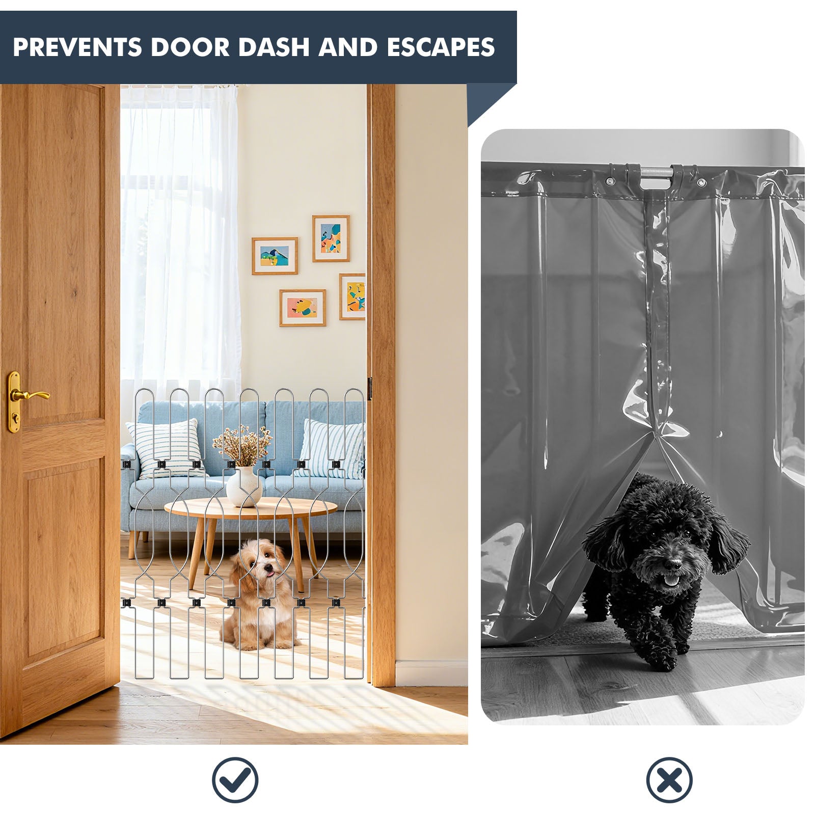 Snagle Paw metal retractable dog gate at the front door, preventing pets from door dashing and escaping.