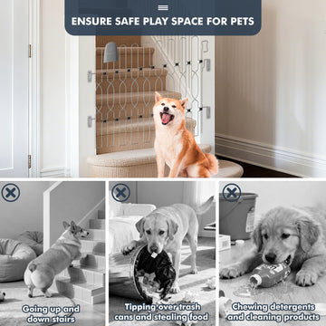 Snagle Paw adjustable retractable dog gate fully extended, creating a safe play area and blocking access to stairs and kitchen while keeping pets secure indoors.