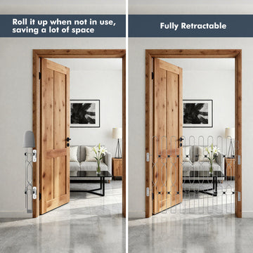 Retractable dog gate folded up neatly, saving space and keeping pets safely contained while maintaining a clean, organized home.