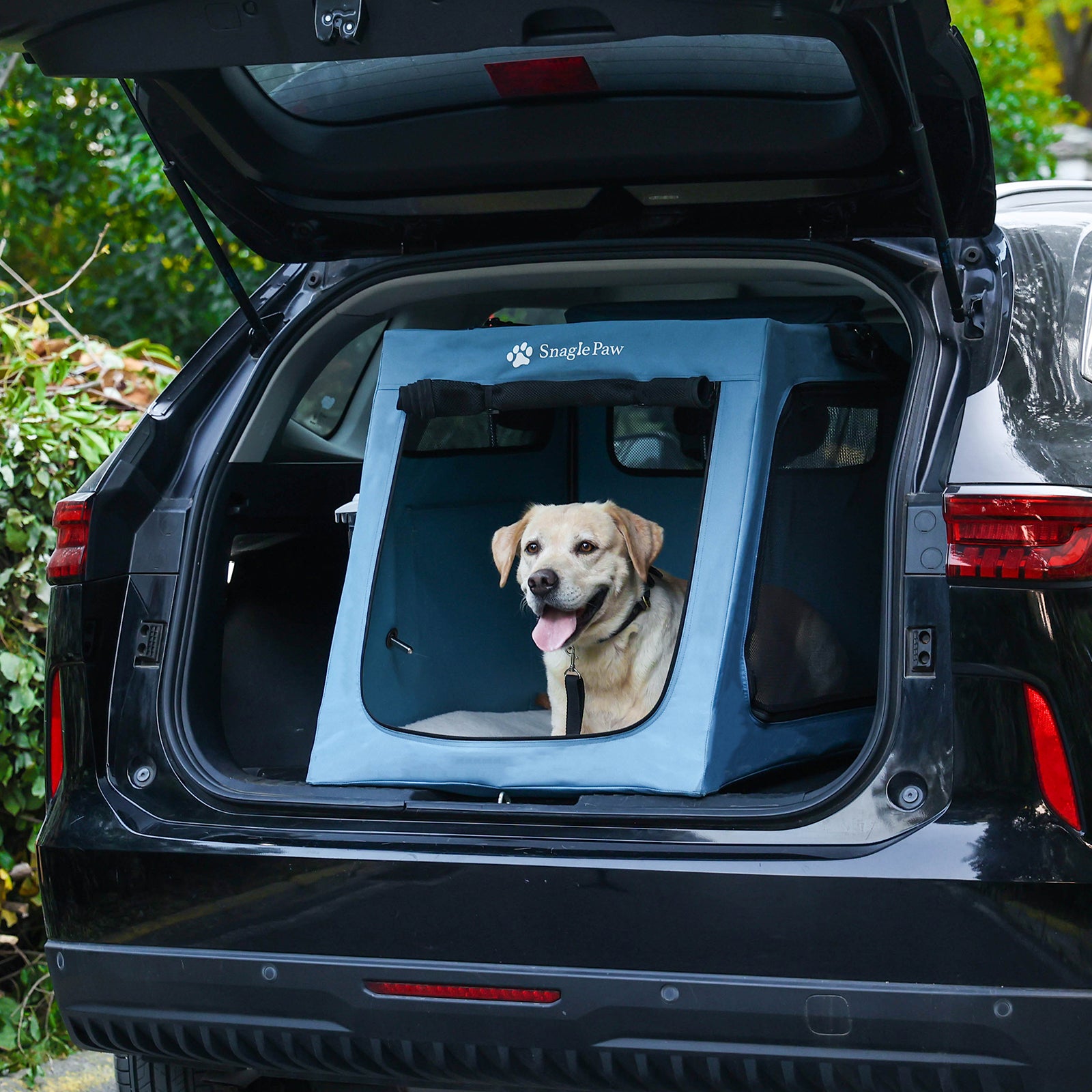 Rear view of a black SUV with a Snagle Paw travel dog crate installed, featuring a happy Labrador inside.