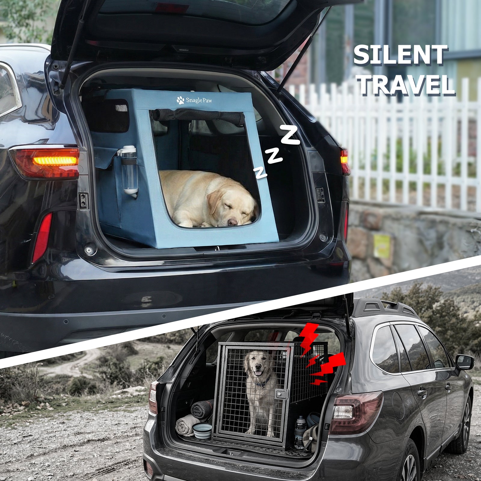 Silent travel dog crate vs noisy wire crate comparison, highlighting Snagle Paw's rattle-free metal frame for a quiet SUV ride.