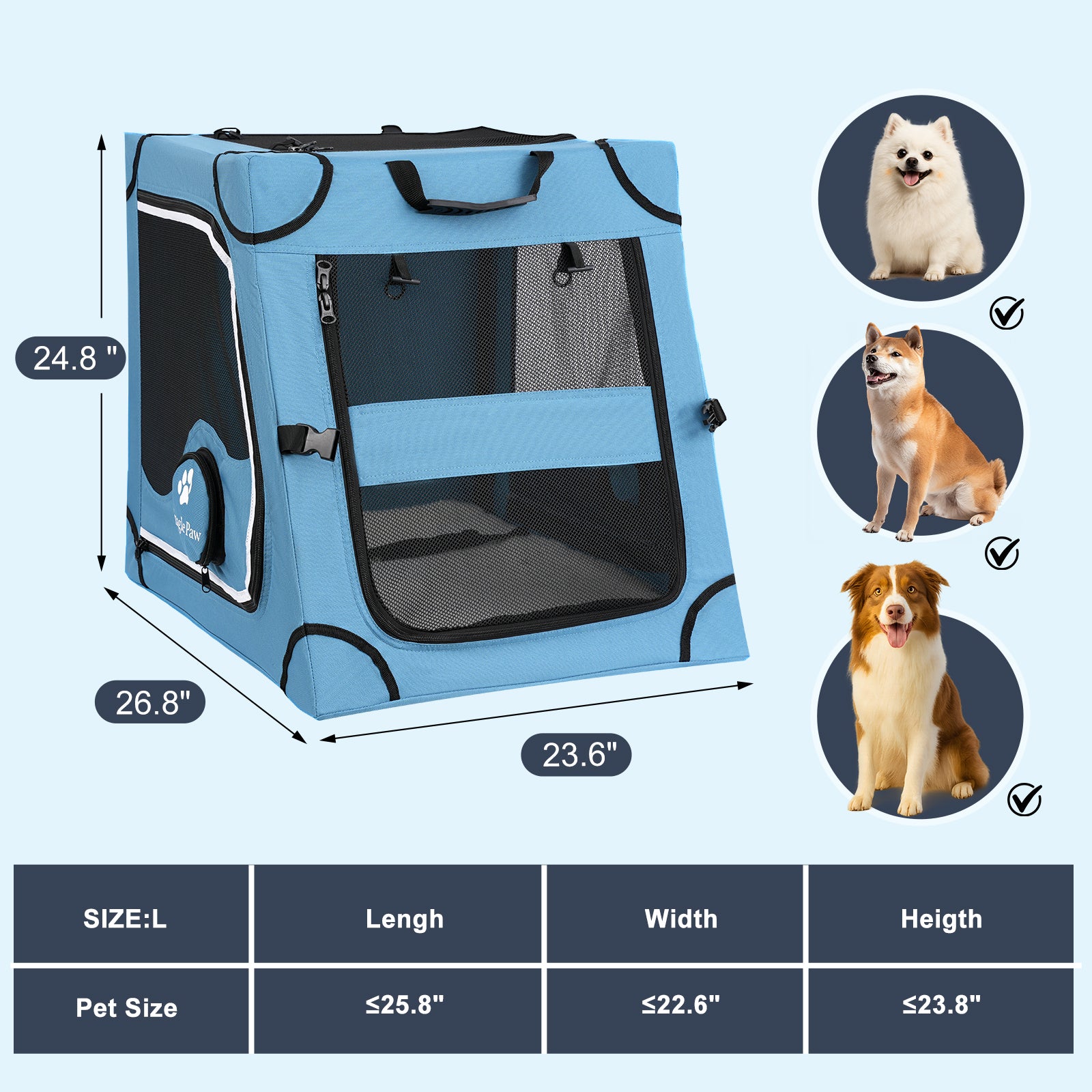 L size dimensions and measurement chart for Snagle Paw travel dog crate for medium to large dogs.