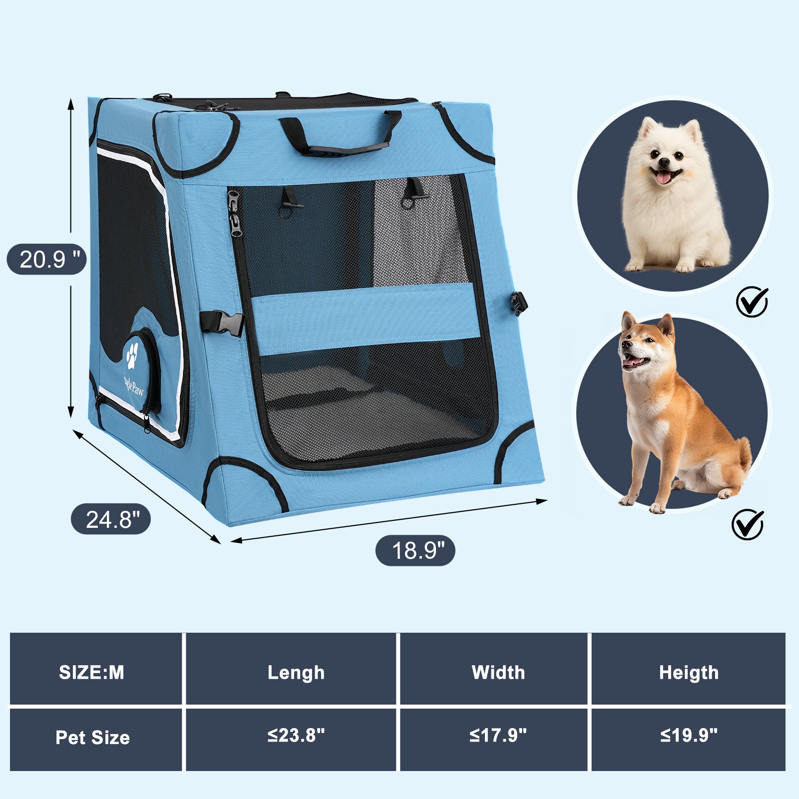 M size dimensions and measurement chart for Snagle Paw travel dog crate for medium to large dogs.