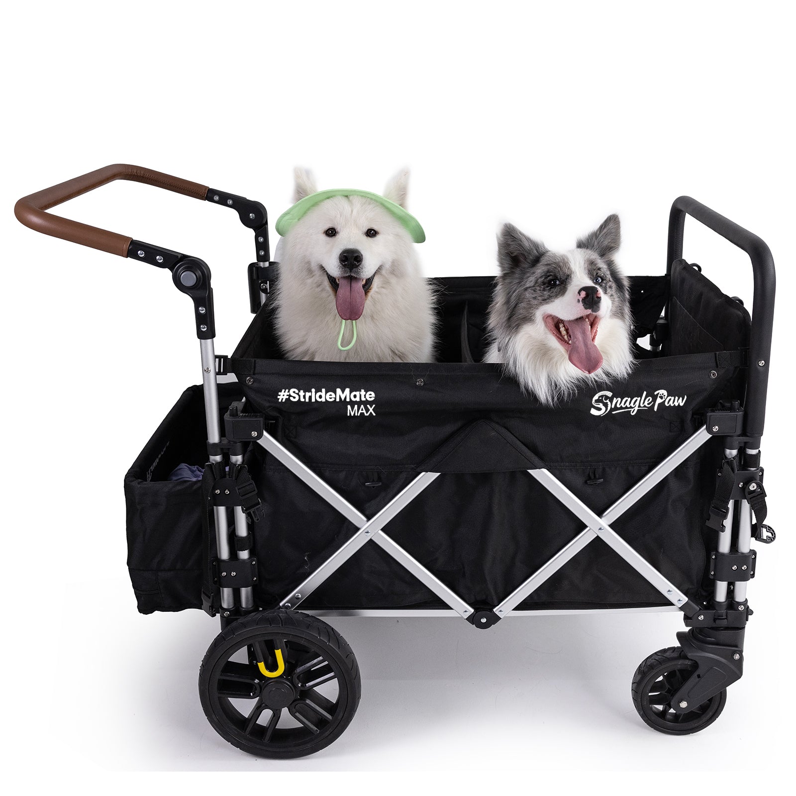 Two happy dogs sitting side by side in Snagle Paw StrideMate MAX stroller wagon, tongues out, enjoying the spacious interior perfect for senior and injured dogs
