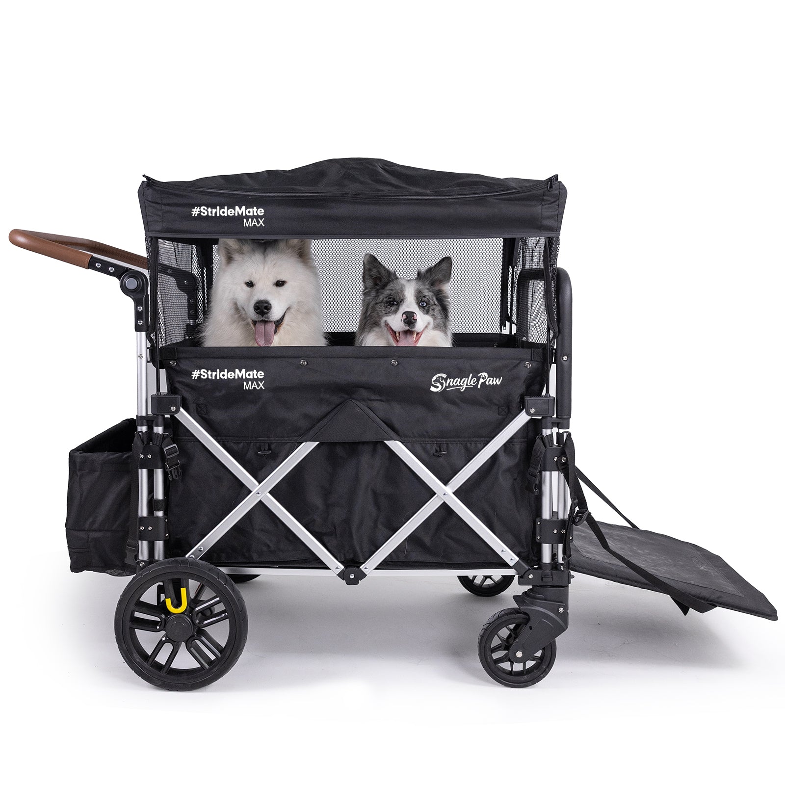 Two happy large dogs riding in Snagle Paw StrideMate MAX stroller wagon, perfect for senior and injured dogs, heavy-duty frame with spacious interior and all-terrain wheels
