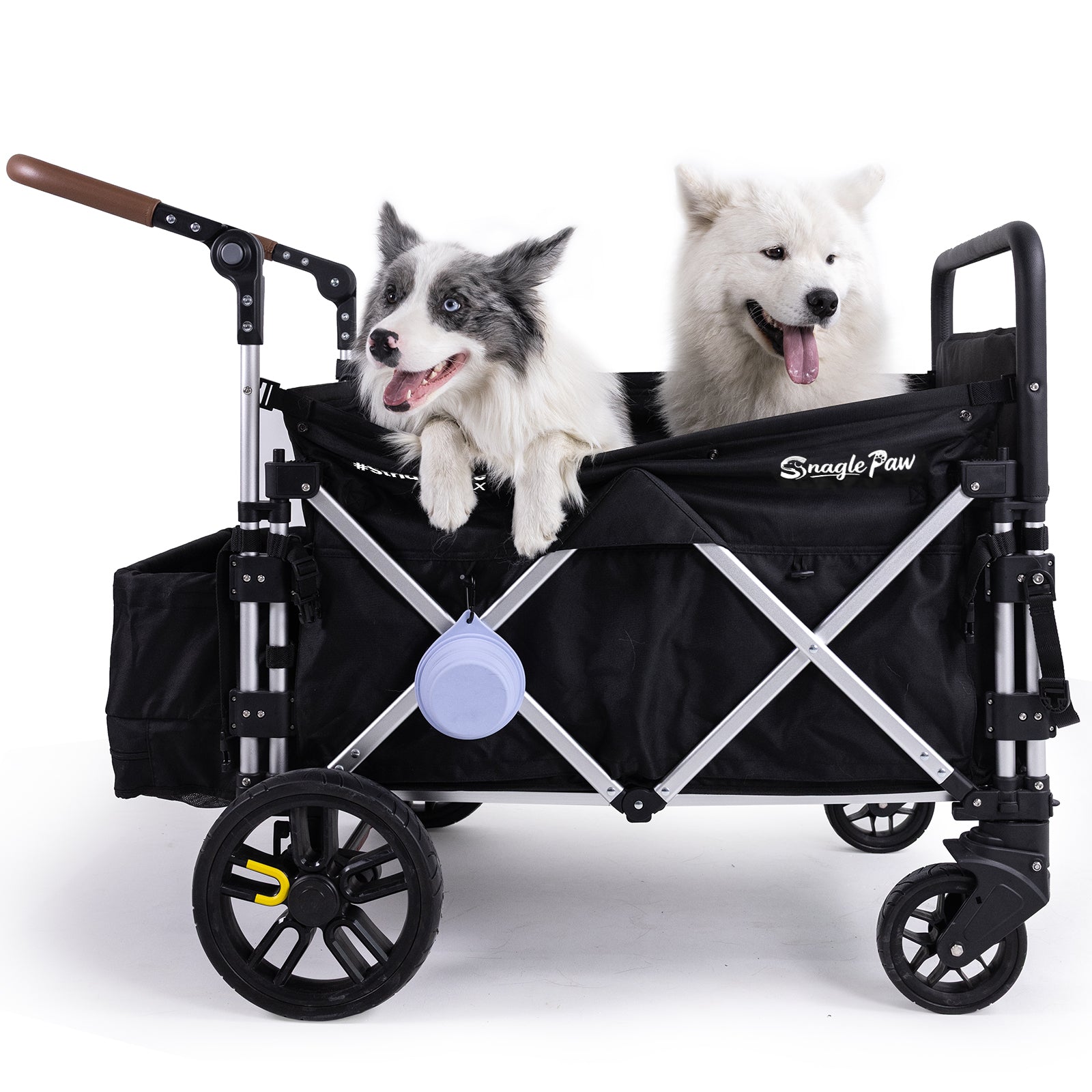 Two happy dogs sitting inside Snagle Paw StrideMate MAX large dog stroller, enjoying a safe and comfortable ride, with spacious interior and sturdy construction

