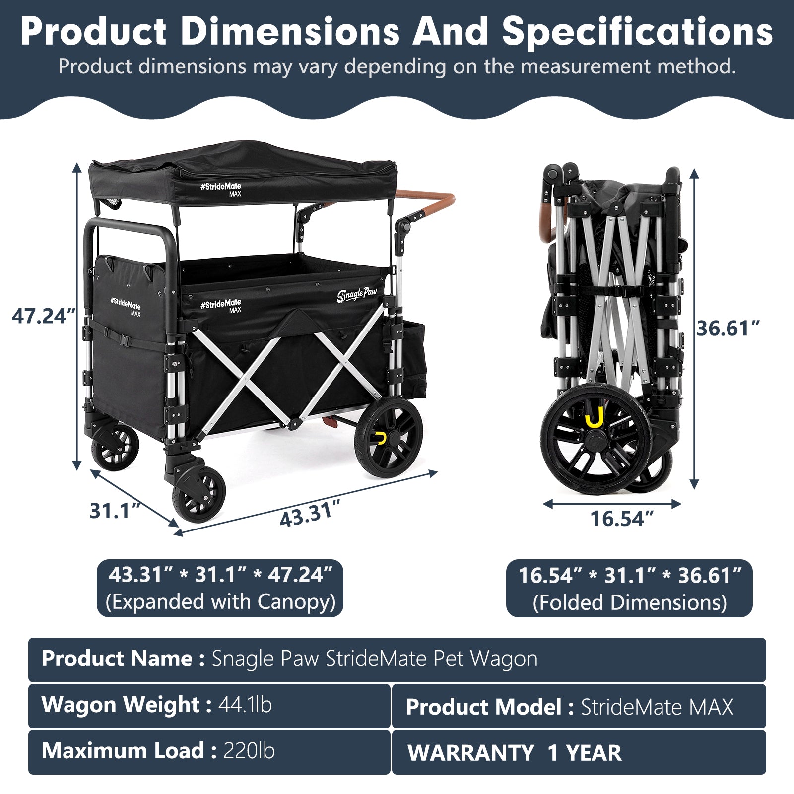 Snagle Paw StrideMate MAX large dog stroller dimensions, showing spacious interior for senior and injured dogs, heavy-duty frame with all-terrain wheels
