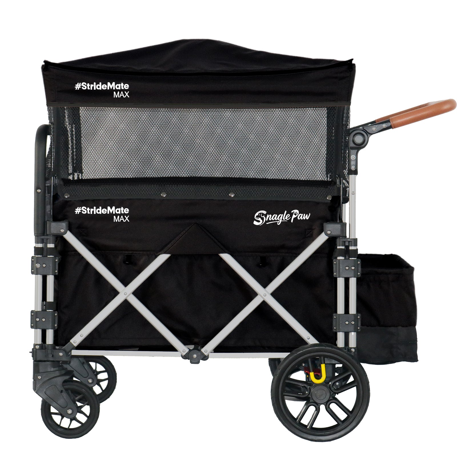 Full view of Snagle Paw StrideMate MAX large dog stroller, showing its durable frame, ventilated canopy, all-terrain wheels, and spacious interior for large or multiple dogs
