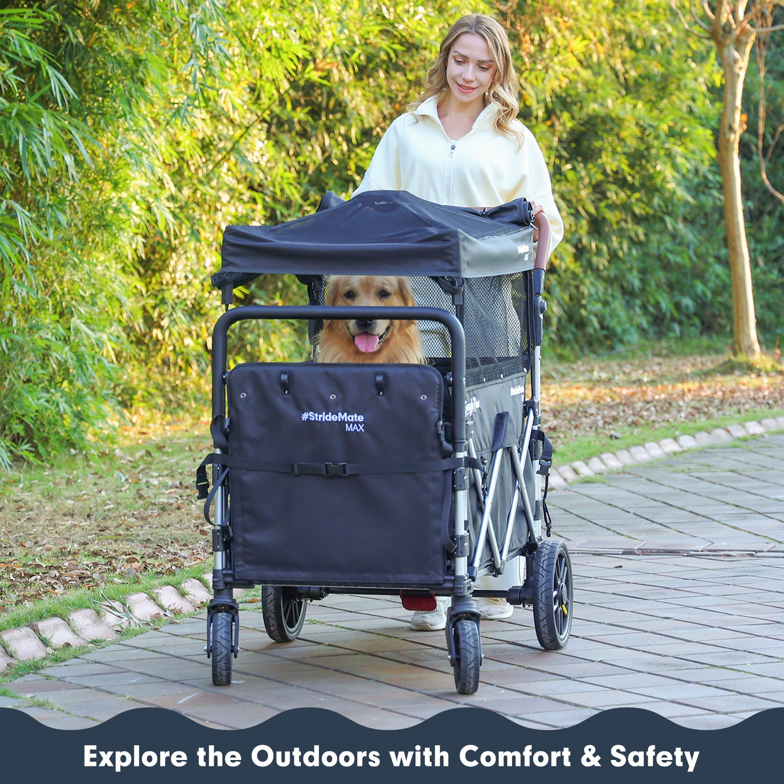 Explore the outdoors with comfort and safety: Snagle Paw StrideMate MAX large dog stroller providing a secure and cozy ride for senior, injured, or recovering dogs, ideal for outdoor walks, adventures, and travel

