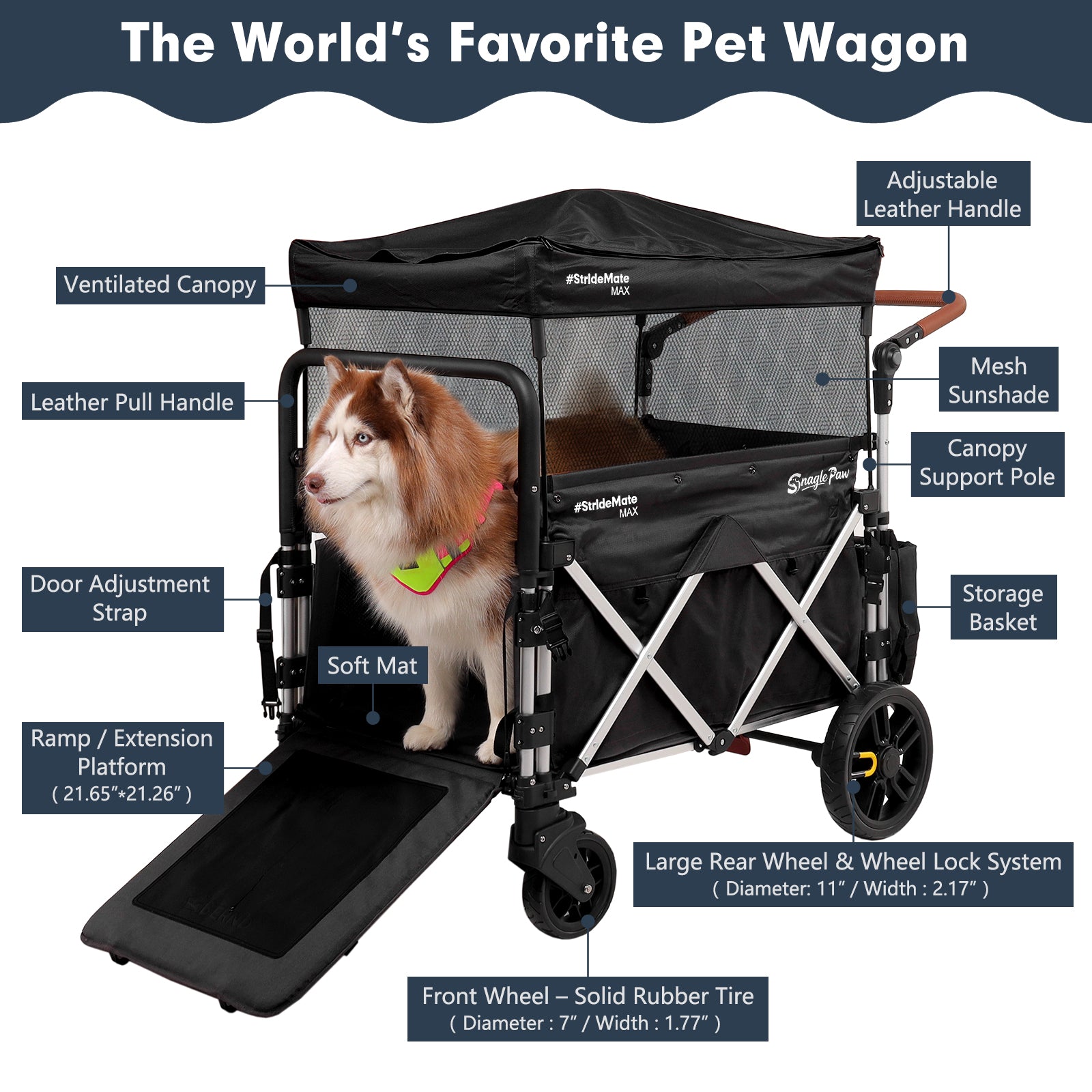 Snagle Paw StrideMate MAX large dog stroller with adjustable leather handle, ventilated canopy, leather pull handle, mesh sunshade, support pole, large rear wheels with wheel lock system, solid front rubber wheels, door adjustment, straps, storage basket, ramp/extension, and platform, perfect for senior, injured, and disabled dogs
