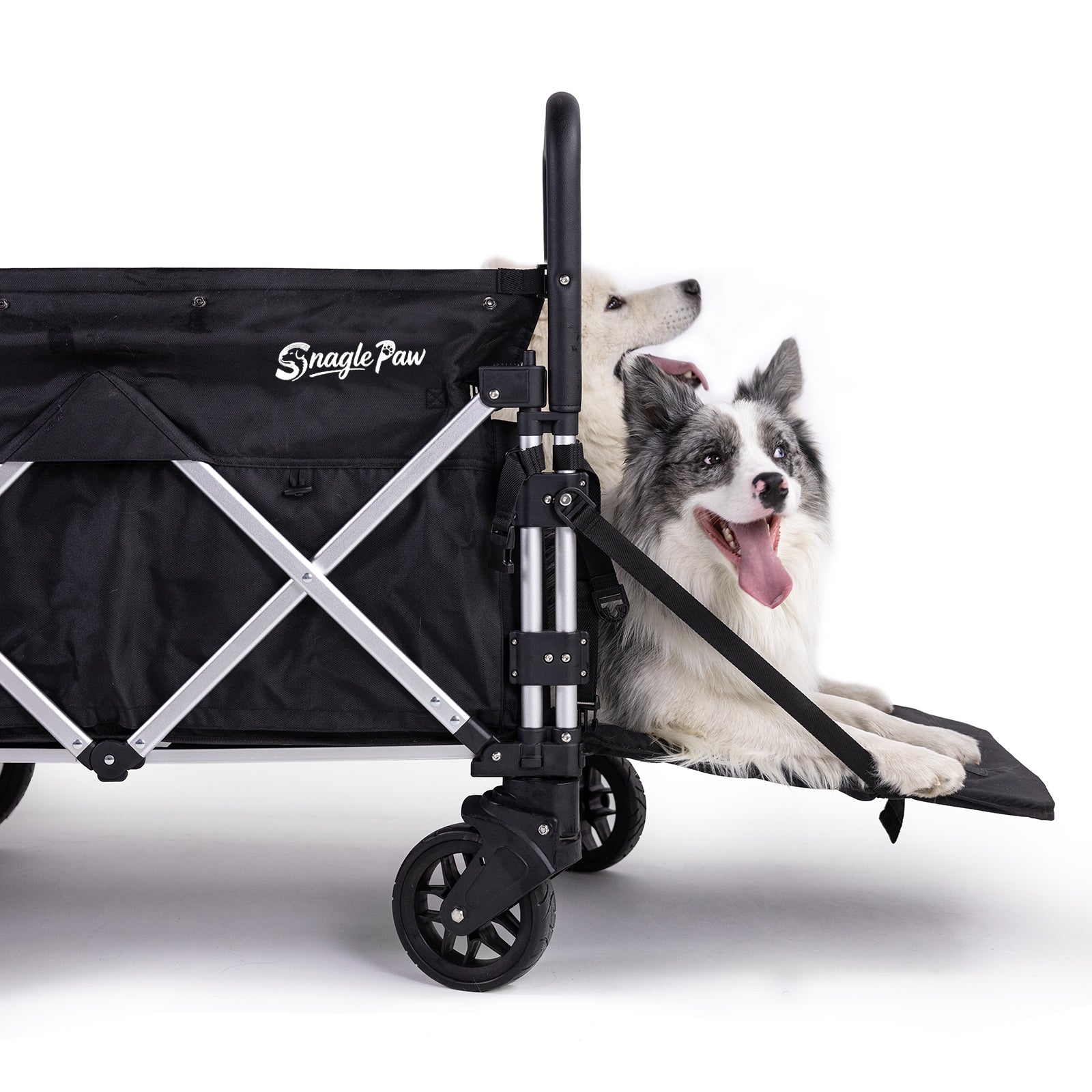 Two dogs resting on the ramp extension of Snagle Paw StrideMate MAX large dog stroller, demonstrating its multifunctional design for easy access, comfortable rides, and versatile use
