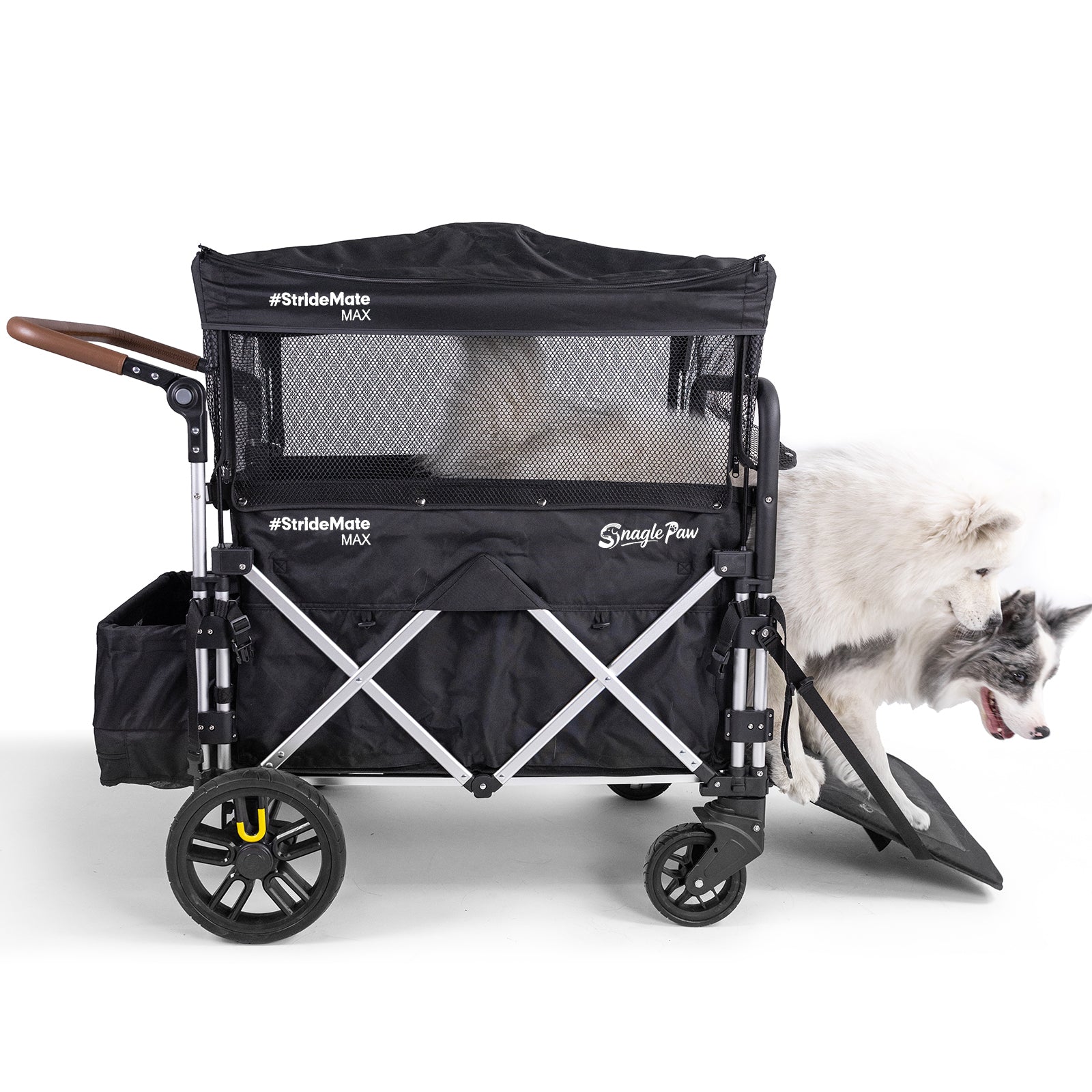 Two dogs safely using Snagle Paw StrideMate MAX large dog stroller with ramp for easy access, perfect for senior, injured, and disabled dogs, featuring heavy-duty frame and all-terrain wheels
