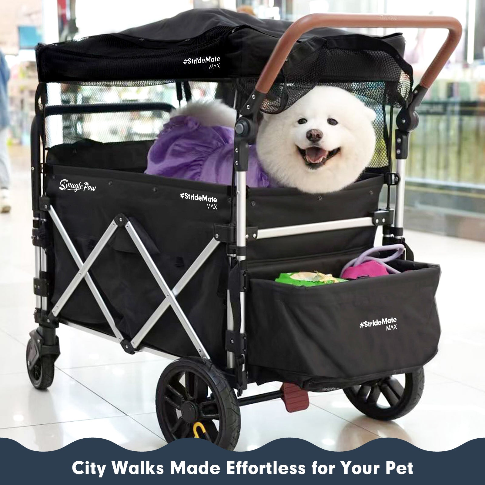 City walks made effortless for your pet: Snagle Paw StrideMate MAX large dog stroller providing a smooth, comfortable, and secure ride for senior, injured, or recovering dogs in urban environments